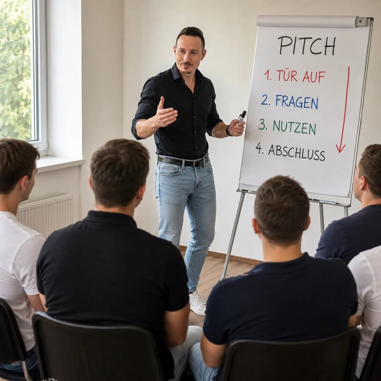 Manuel Dandler erklärt vor einer kleinen Gruppe von Verkäufern den Aufbau eines Pitches am Flipchart
