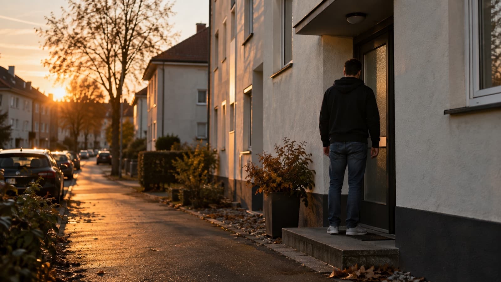 Ein Mann steht am Abend vor einer Haustür in einer deutschen Wohnstraße