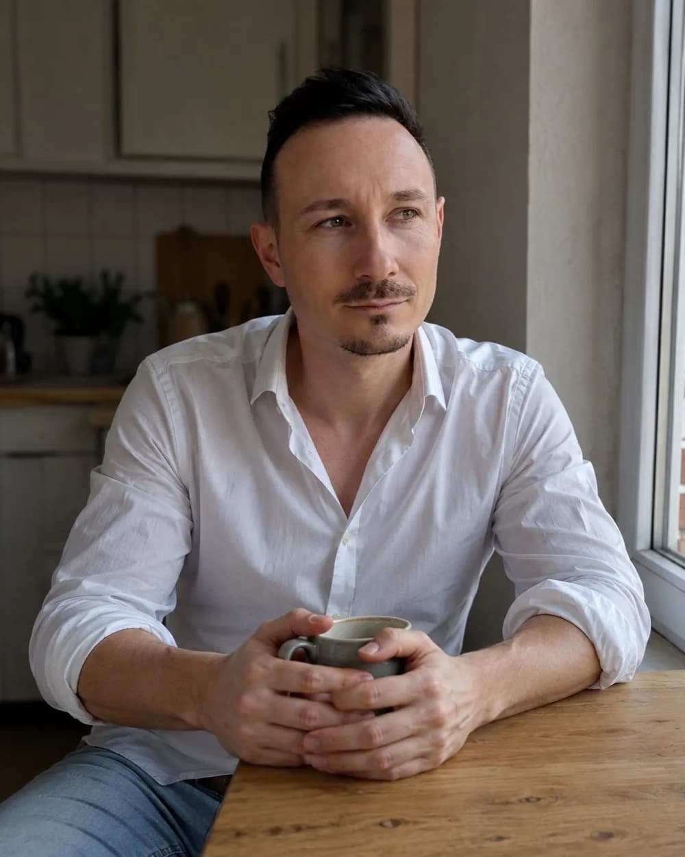 Manuel Dandler am Küchentisch mit einer Tasse Kaffee