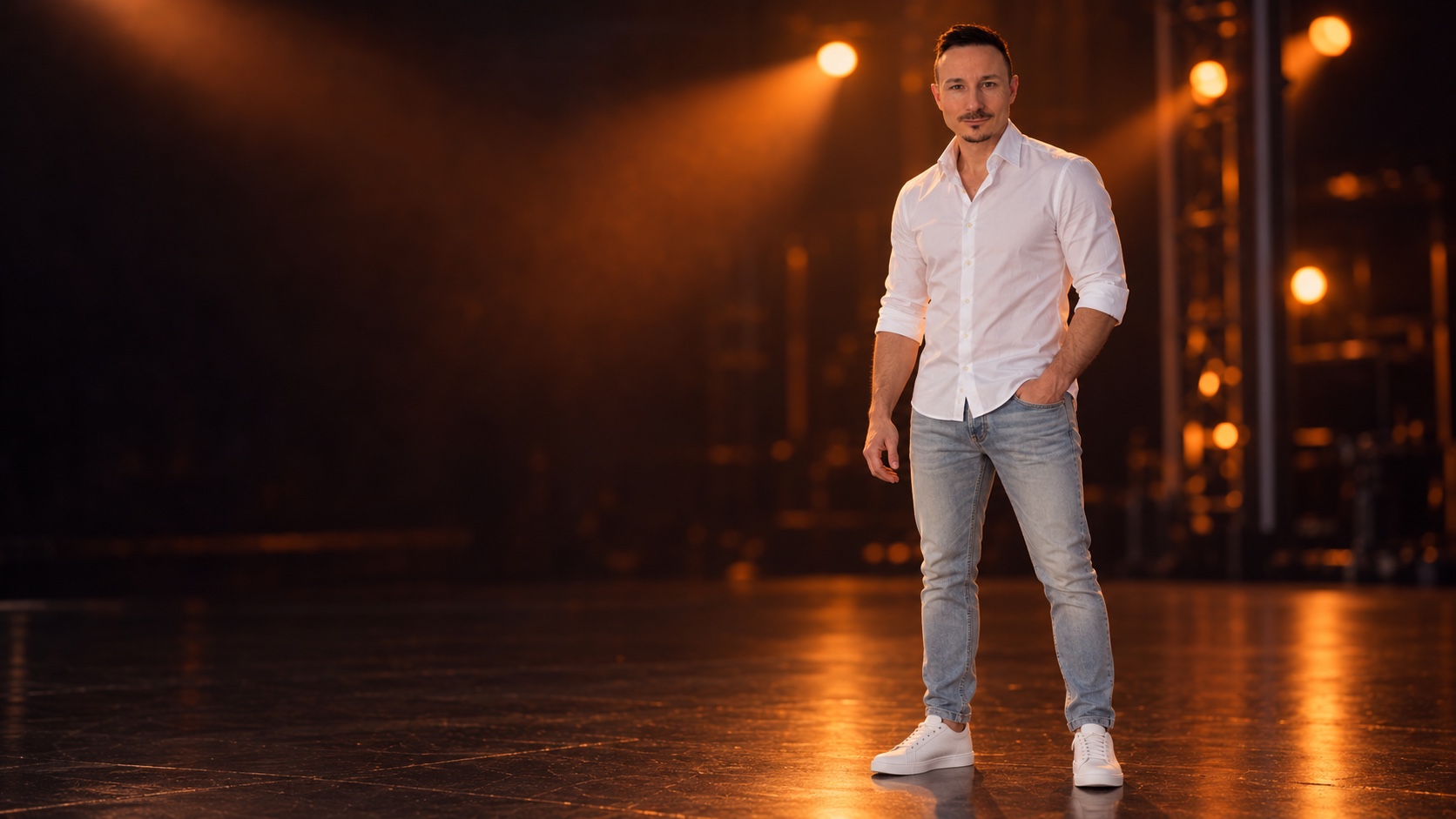 Manuel Dandler in weißem Hemd auf einer Bühne
